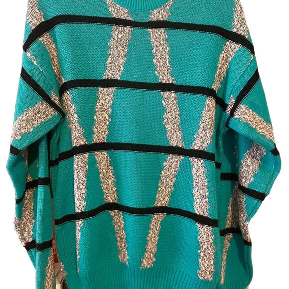 Vintage 80s Striped and Patterned Teal Bachrach Sweater Adult Medium - Picture 1 of 3